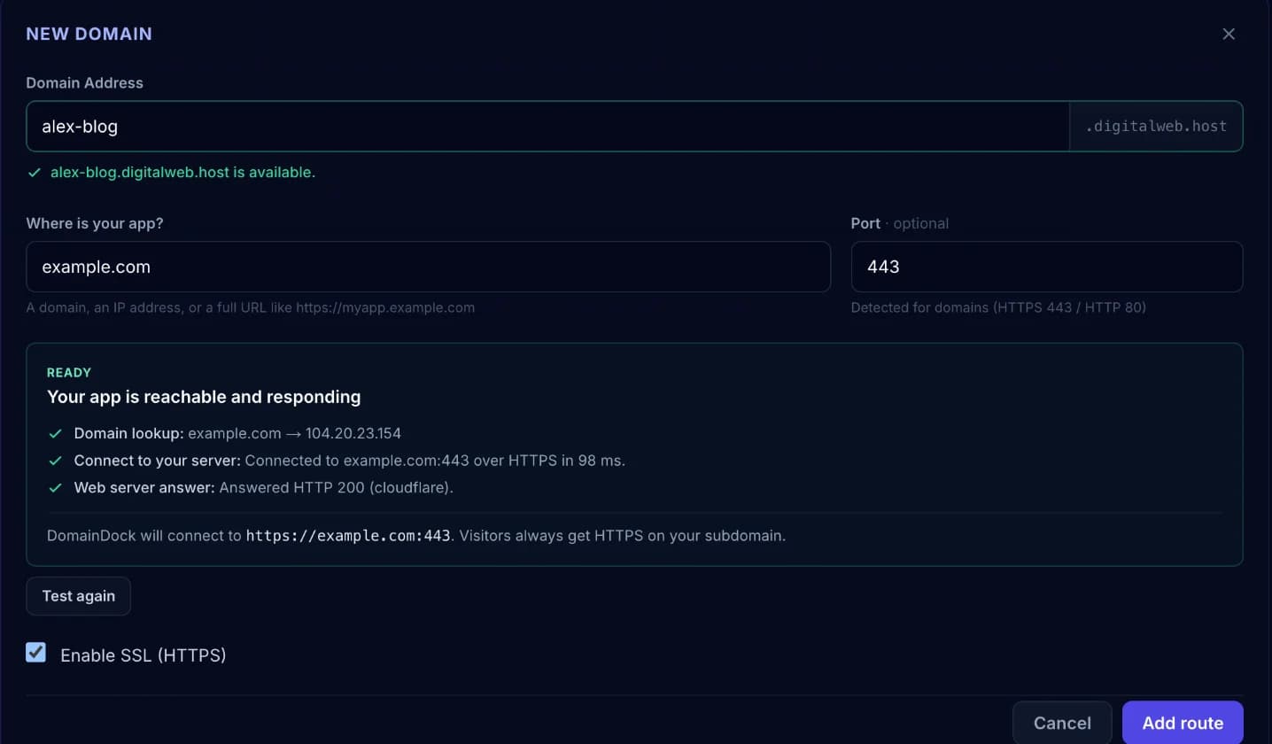 Add domain form: an available address, a target domain and a passing connection test