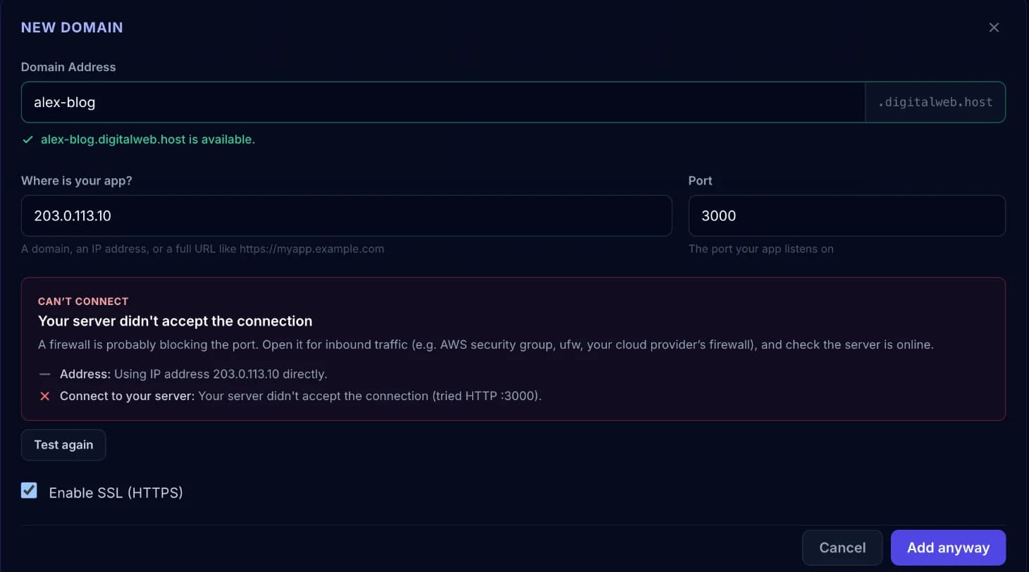 Connection test that failed, explaining that a firewall is probably blocking the port