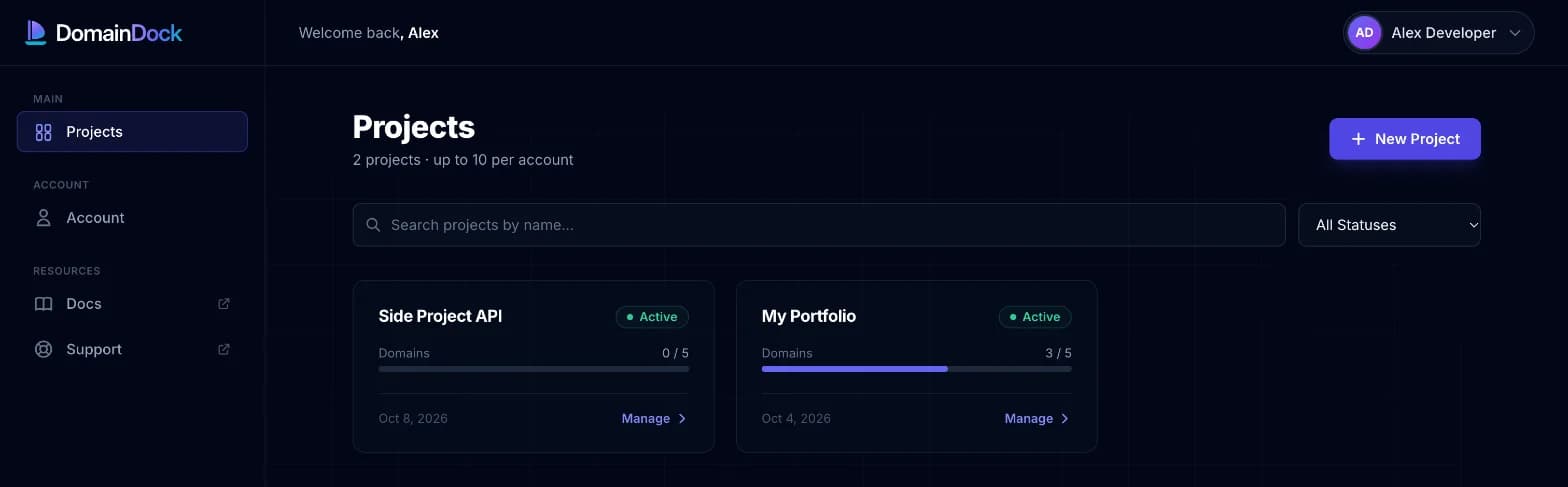 DomainDock dashboard listing two projects with their domain usage