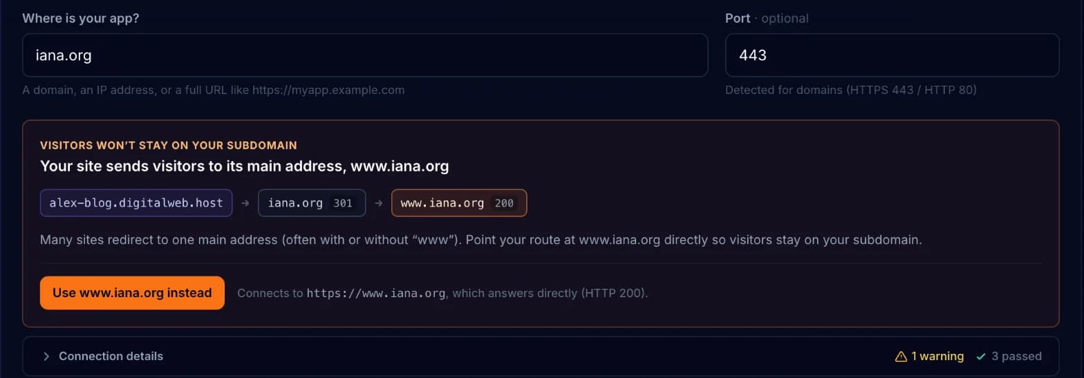 Warning that the target redirects visitors to www, with a one-click button to use that address