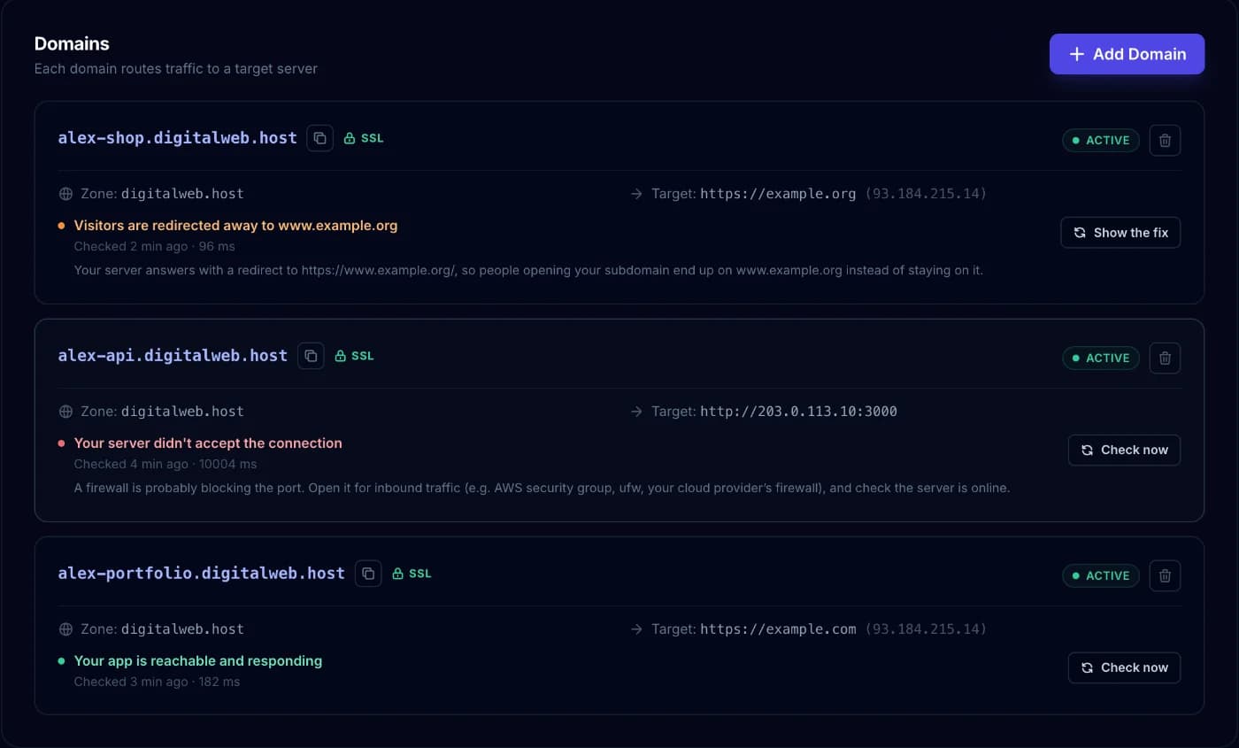 Three domains with their health: redirected away, server not reachable and reachable