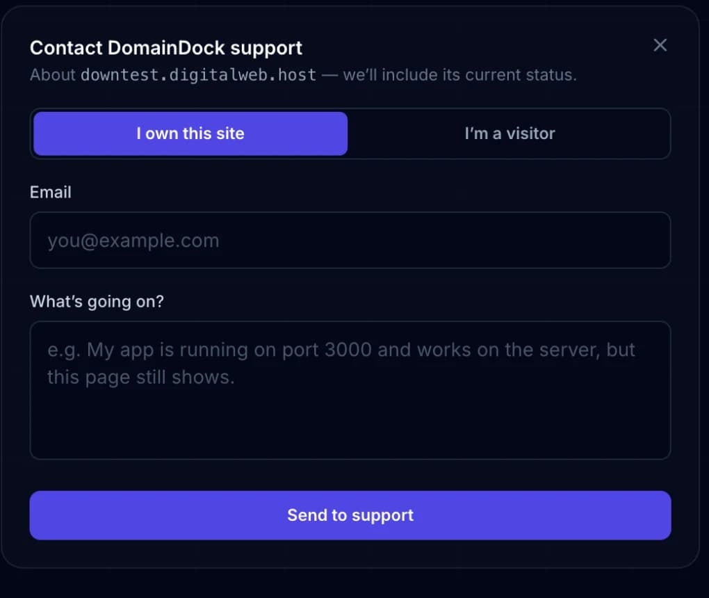 Contact support form on the status page, asking whether you own the site or are a visitor