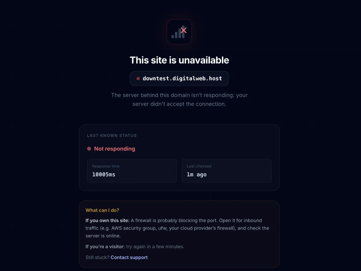 Status page shown to visitors when a site is unavailable, with the reason and last check